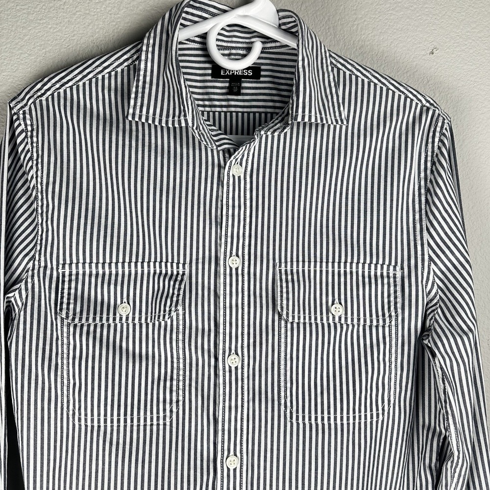Express Button Down Shirt Women's XS Gray White Striped Workwear - Picture 2 of 5